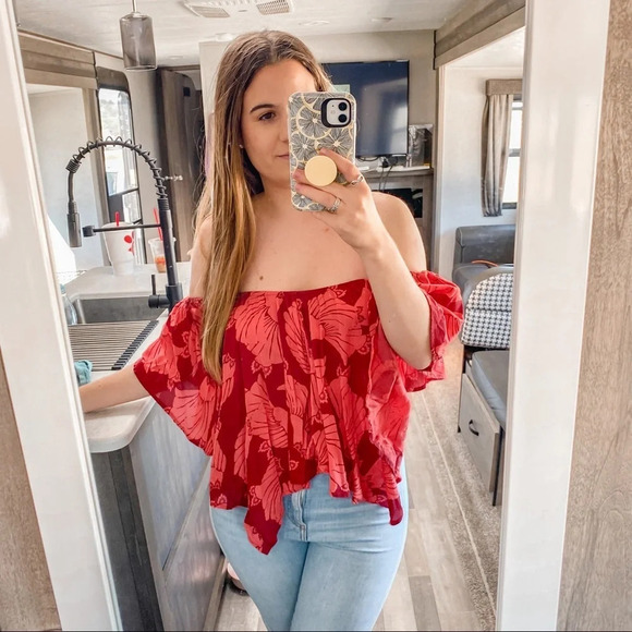 Free People Floral Off the shoulder lace back top - Picture 1 of 9